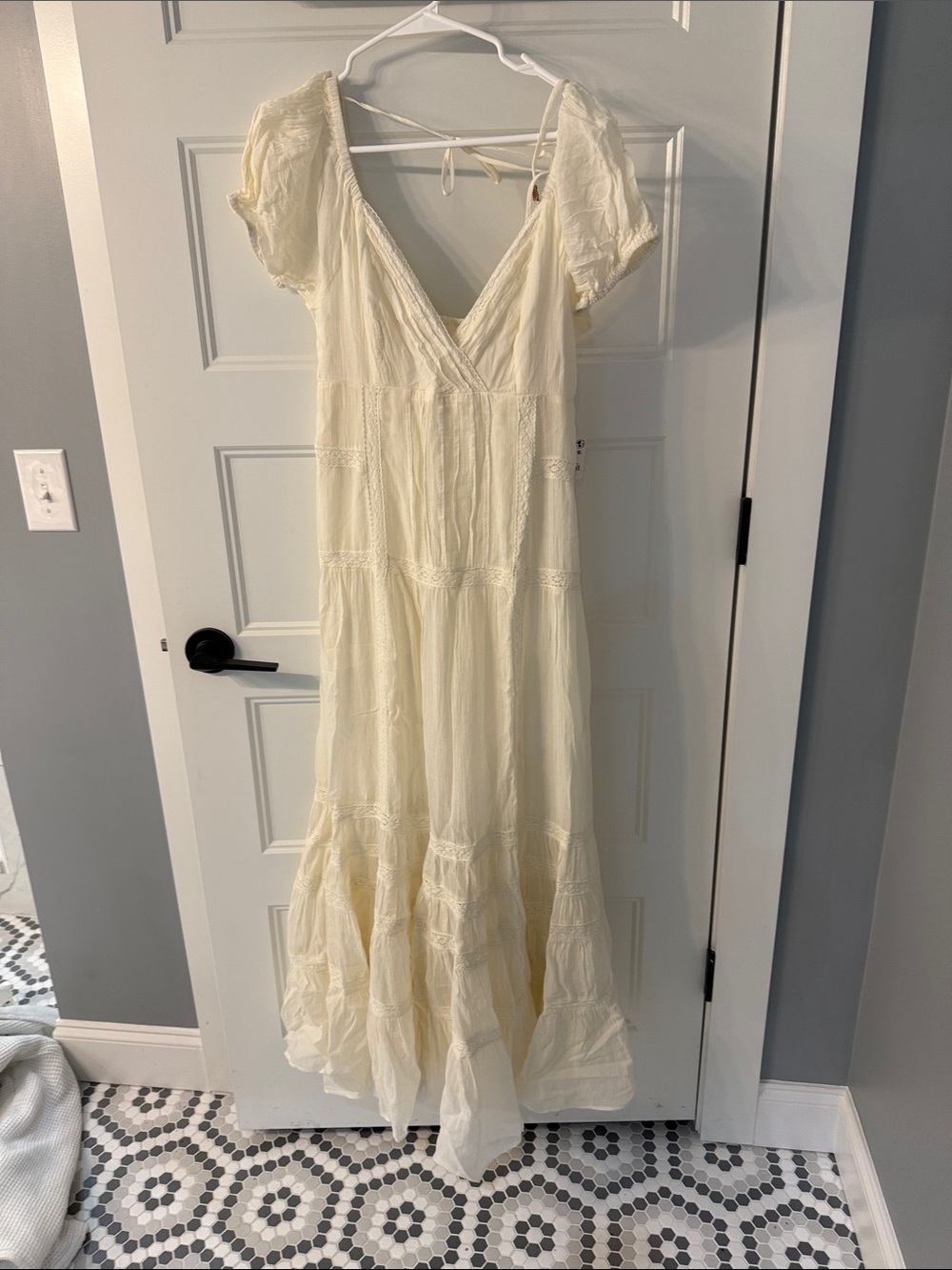 Free People Ivory Tiered Maxi Dress with Puff Sleeves